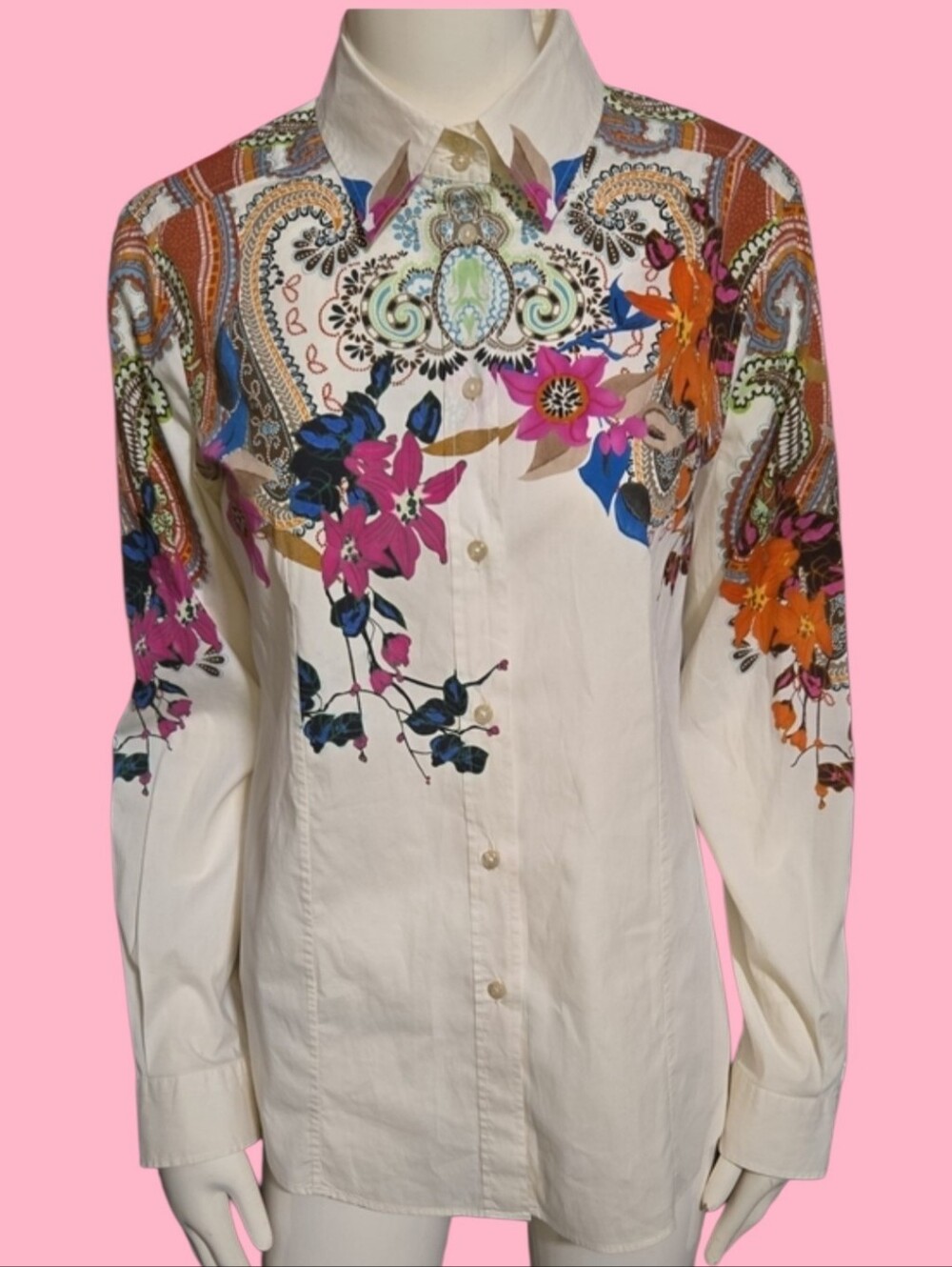 Etro Cream Button-Up Shirt with Multicolor Floral & Paisley Print
